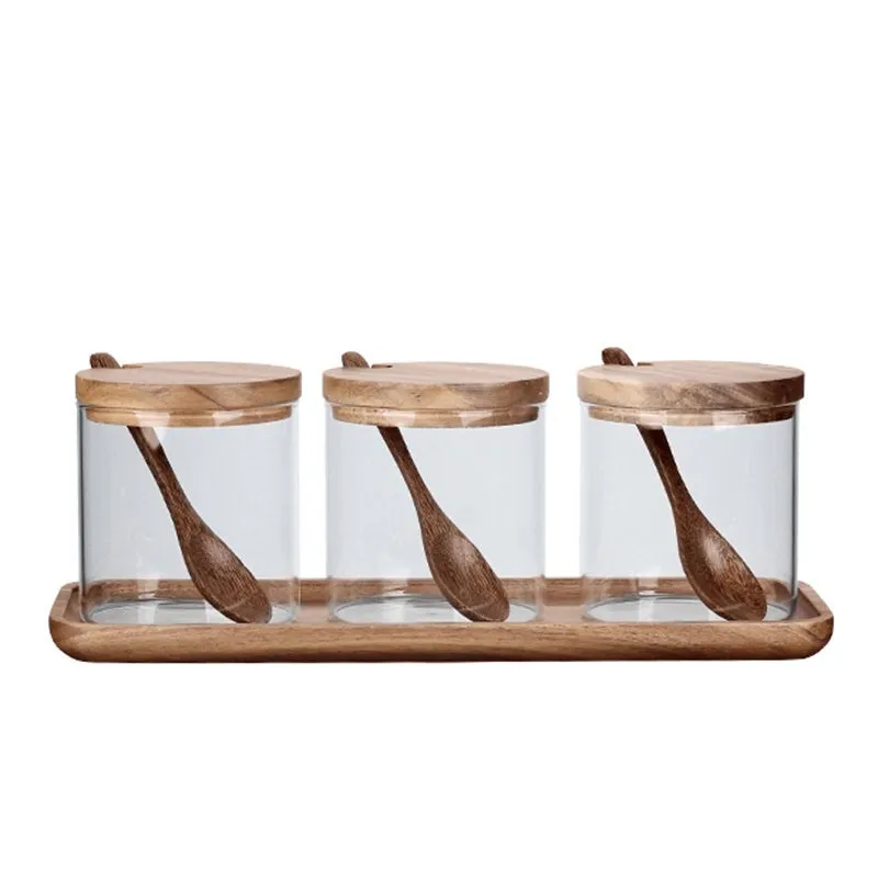 3 Pcs Spice Jar Set | Glass Jar with Bamboo Lid | Food Storage | Candle Jars | KitchenSeasoning | Organization | Salt Condiment Pot Spoon
