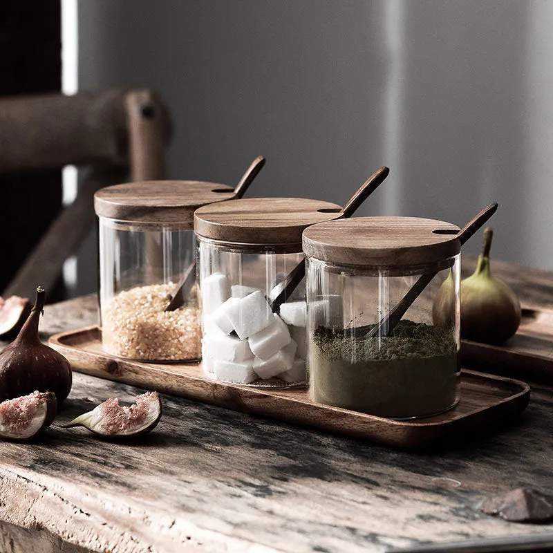 3 Pcs Spice Jar Set | Glass Jar with Bamboo Lid | Food Storage | Candle Jars | KitchenSeasoning | Organization | Salt Condiment Pot Spoon