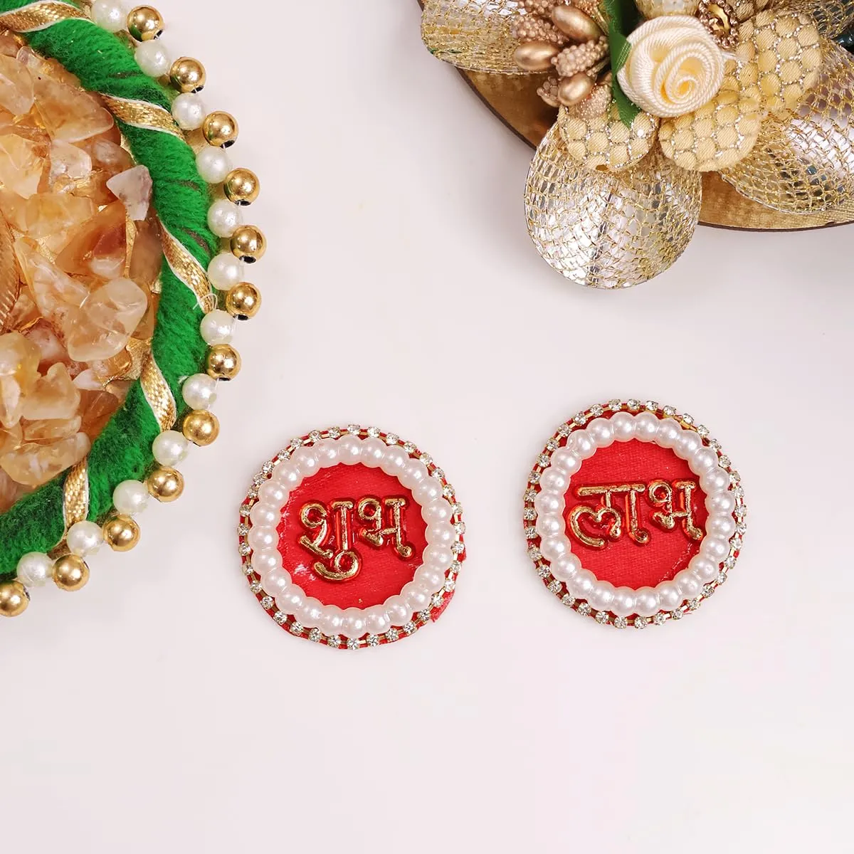 9Dzine Fabric Pearl Shubh Labh Sticker for Door 1 Pair | Round Flower Sticker for Main Door Entrance Diwali Wall Dcor Puja Room Festival Decoration