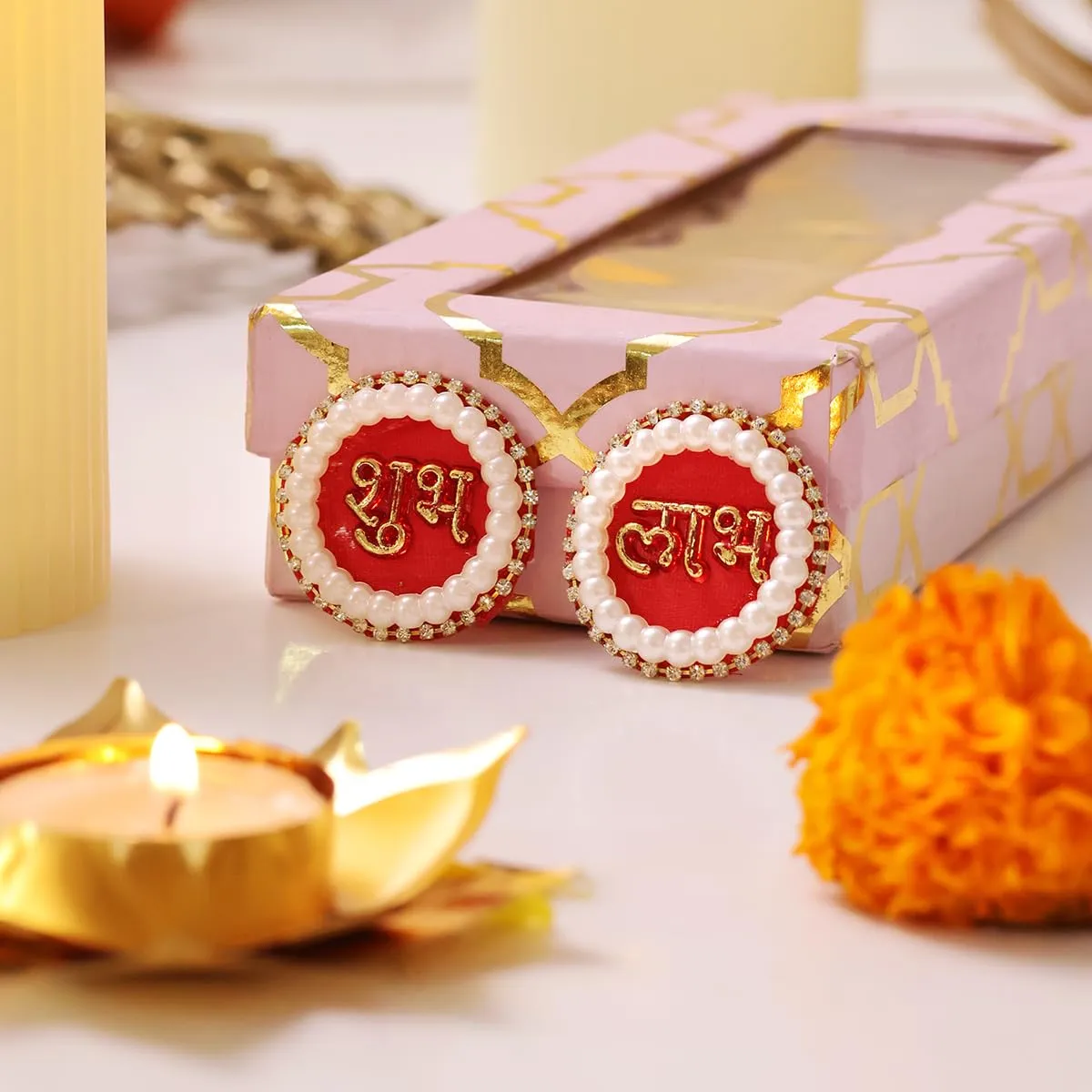9Dzine Fabric Pearl Shubh Labh Sticker for Door 1 Pair | Round Flower Sticker for Main Door Entrance Diwali Wall Dcor Puja Room Festival Decoration