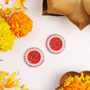 9Dzine Fabric Pearl Shubh Labh Sticker for Door 1 Pair | Round Flower Sticker for Main Door Entrance Diwali Wall Dcor Puja Room Festival Decoration