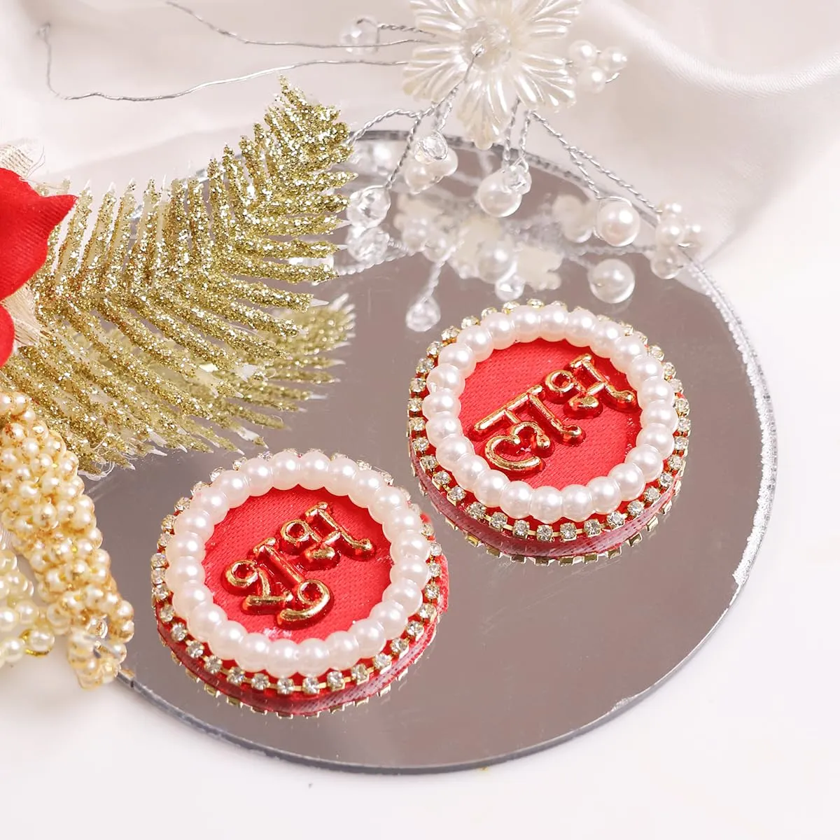 9Dzine Fabric Pearl Shubh Labh Sticker for Door 1 Pair | Round Flower Sticker for Main Door Entrance Diwali Wall Dcor Puja Room Festival Decoration