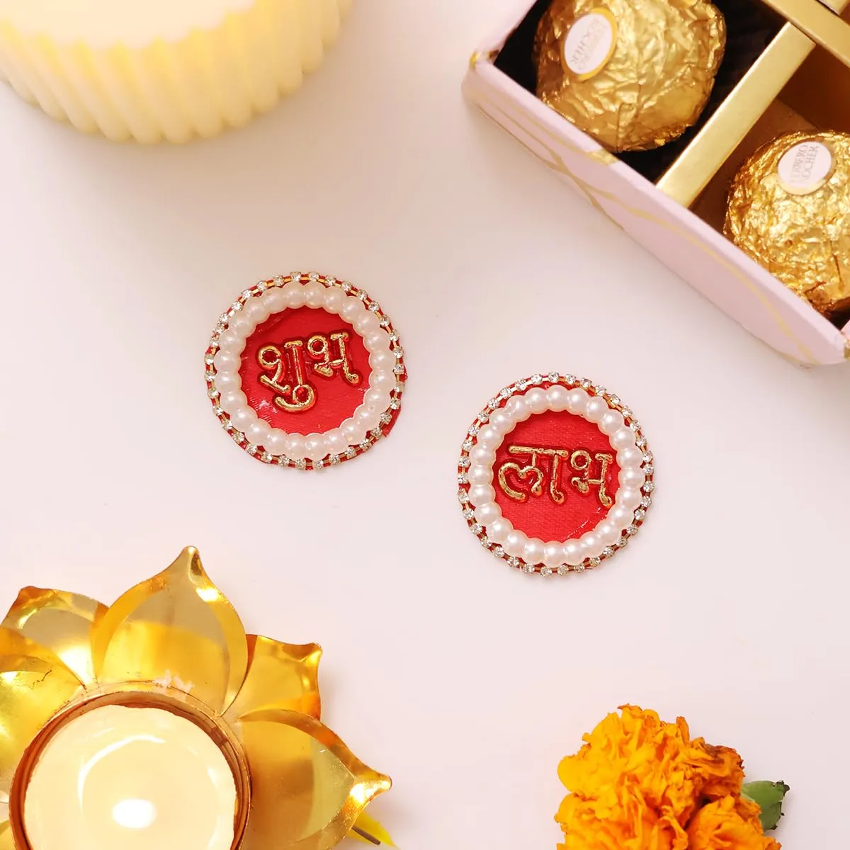 9Dzine Fabric Pearl Shubh Labh Sticker for Door 1 Pair | Round Flower Sticker for Main Door Entrance Diwali Wall Dcor Puja Room Festival Decoration