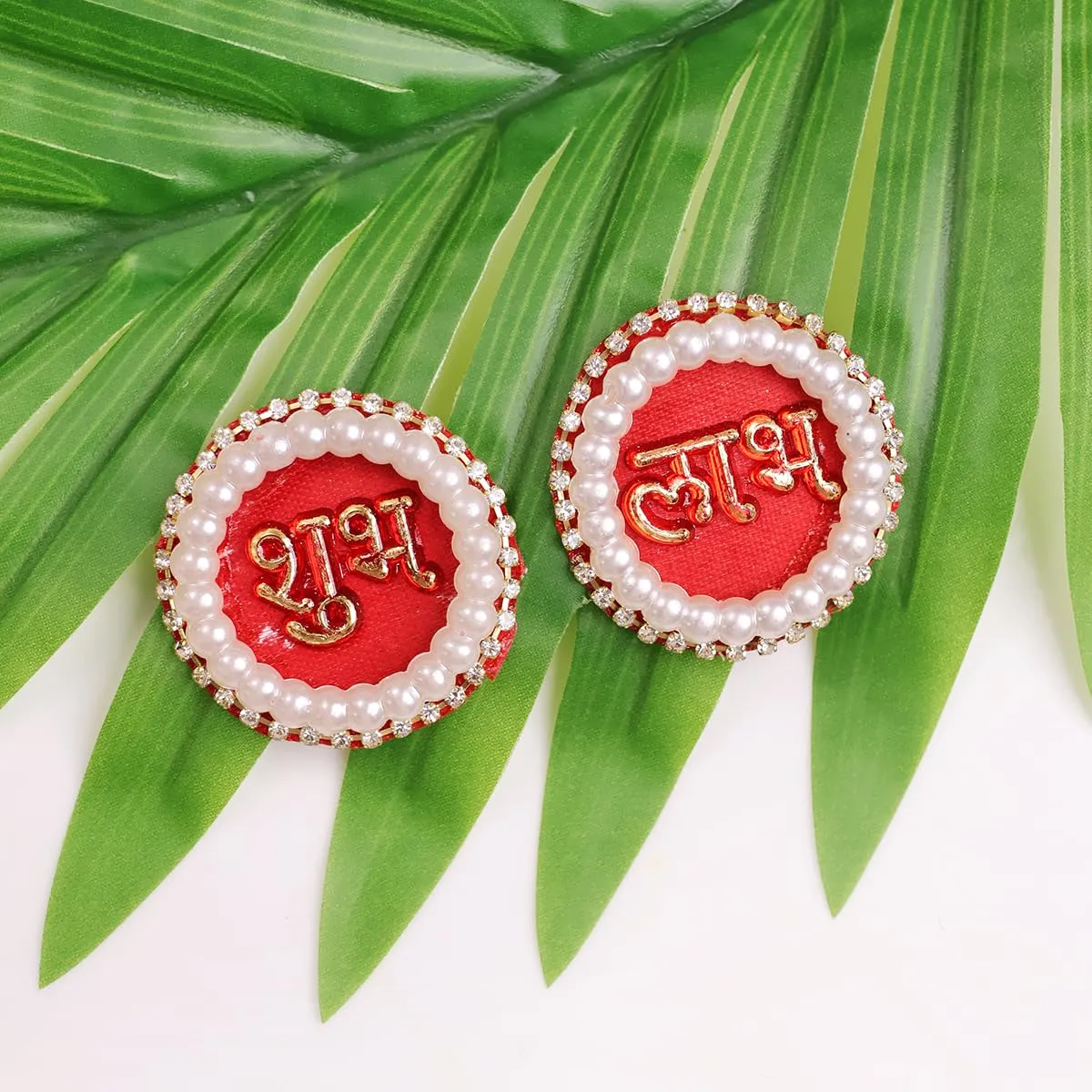 9Dzine Fabric Pearl Shubh Labh Sticker for Door 1 Pair | Round Flower Sticker for Main Door Entrance Diwali Wall Dcor Puja Room Festival Decoration