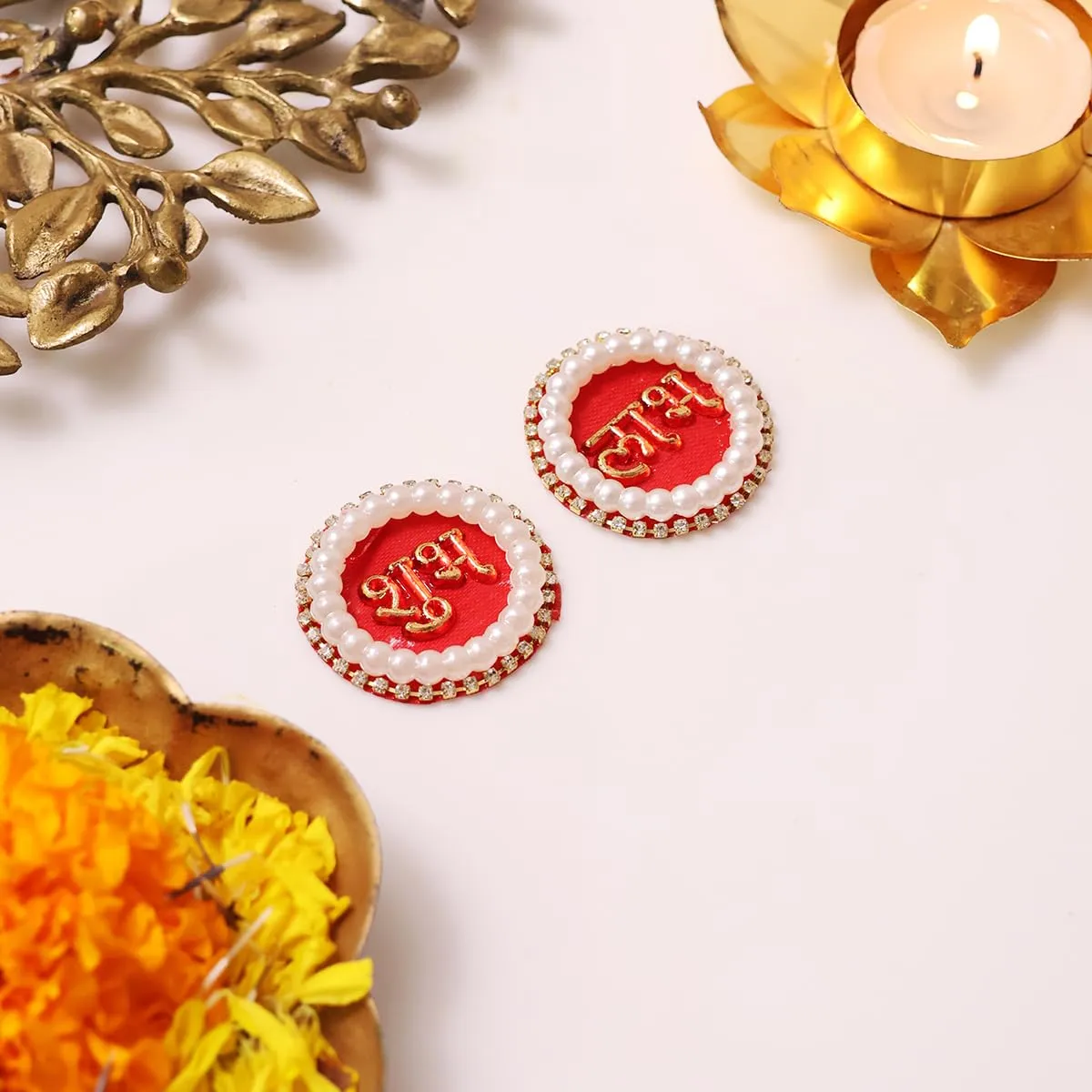 9Dzine Fabric Pearl Shubh Labh Sticker for Door 1 Pair | Round Flower Sticker for Main Door Entrance Diwali Wall Dcor Puja Room Festival Decoration