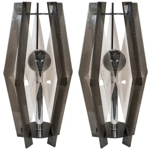 A Vintage Pair of Modernist Smoked Lucite and Chrome Table Lamps with Decorative Threading