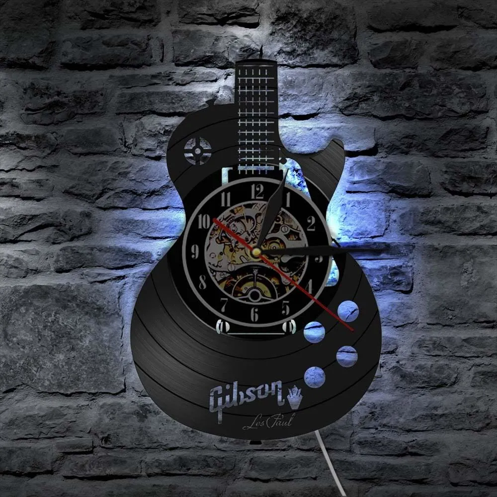 Acoustic Guitar Wall Art Led Vinyl Record Wall Clock Musical Instrument Home