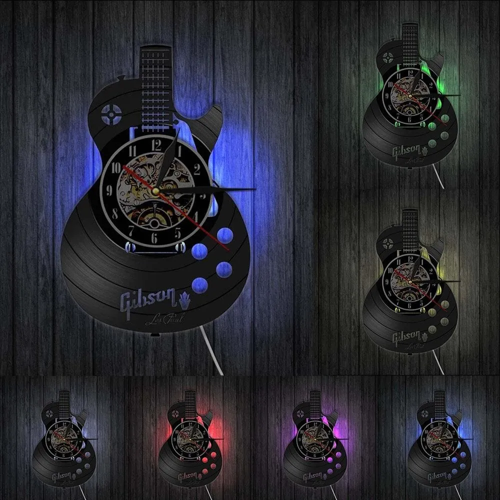 Acoustic Guitar Wall Art Led Vinyl Record Wall Clock Musical Instrument Home