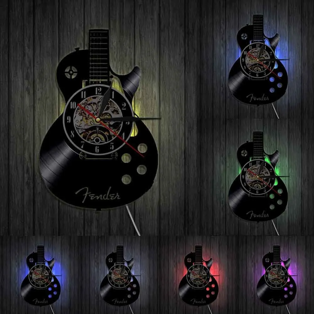 Acoustic Guitar Wall Art Led Vinyl Record Wall Clock Musical Instrument Home