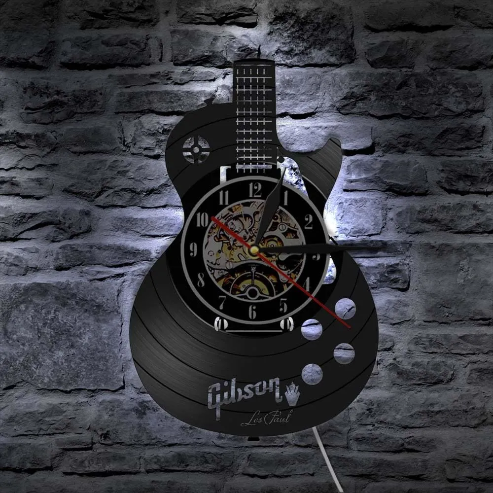 Acoustic Guitar Wall Art Led Vinyl Record Wall Clock Musical Instrument Home