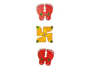 Acrylic Multicolor Handcrafted Bandhani Pattern Swastik Sathiya and Laxmi charan Sticker for Wall Decoration
