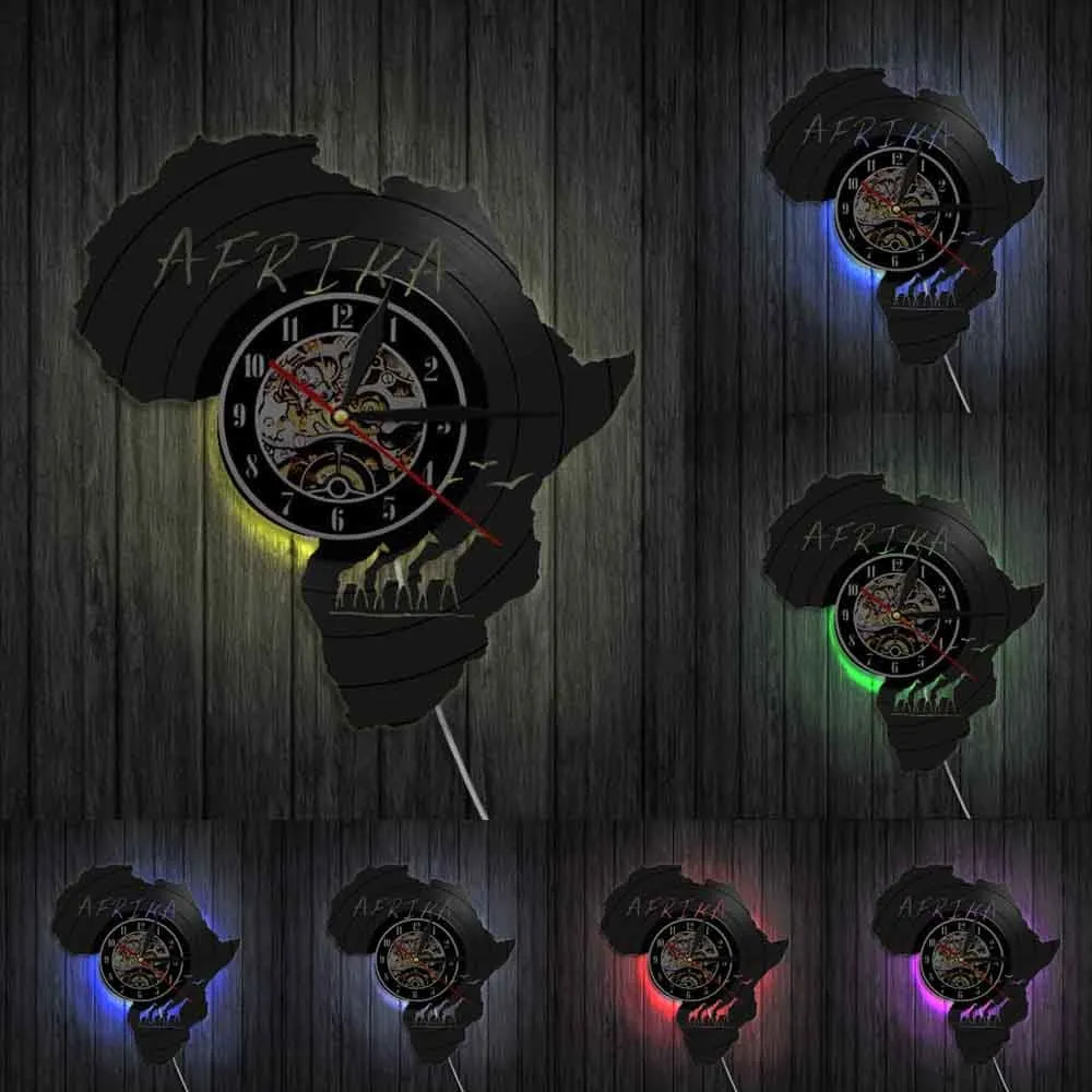Africa Animals Wildlife Nature Giraffe Vinyl Led Vinyl Record Wall Clock Art