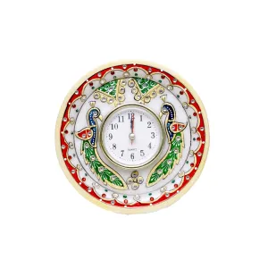 Anjali Arts Decorative Round Marble Clock for Home | Table Top Handicraft Home Decor Peacock Watch with Rajasthani Meenakari Work for Office (Multicolor, 14.5x4.5x14.5 cm)