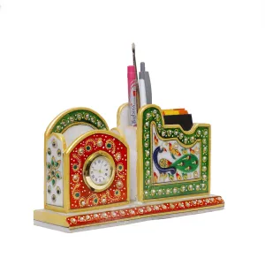 Anjali Arts Decorative Round Marble Pen Stand for Office Table with Clock | Peacock Design Pen Holder with Rajasthani Meenakari Work for Home (Multicolor, 20x5.5x11 cm)