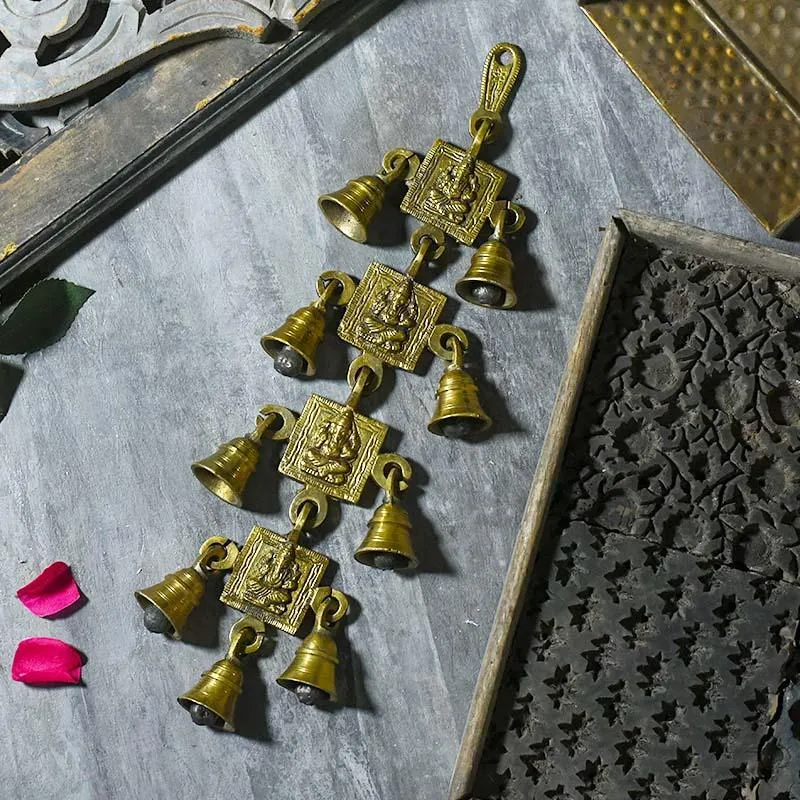 Antique Brass 9 Bells With Ganesha Figurine