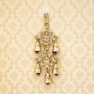 Antique Brass Door/Wall Hanging 5 Bells with Engraved Laxmi & Ganesh