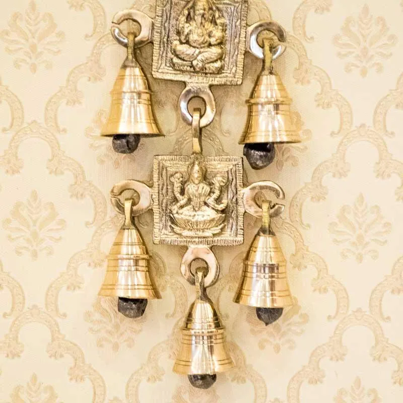 Antique Brass Door/Wall Hanging 5 Bells with Engraved Laxmi & Ganesh