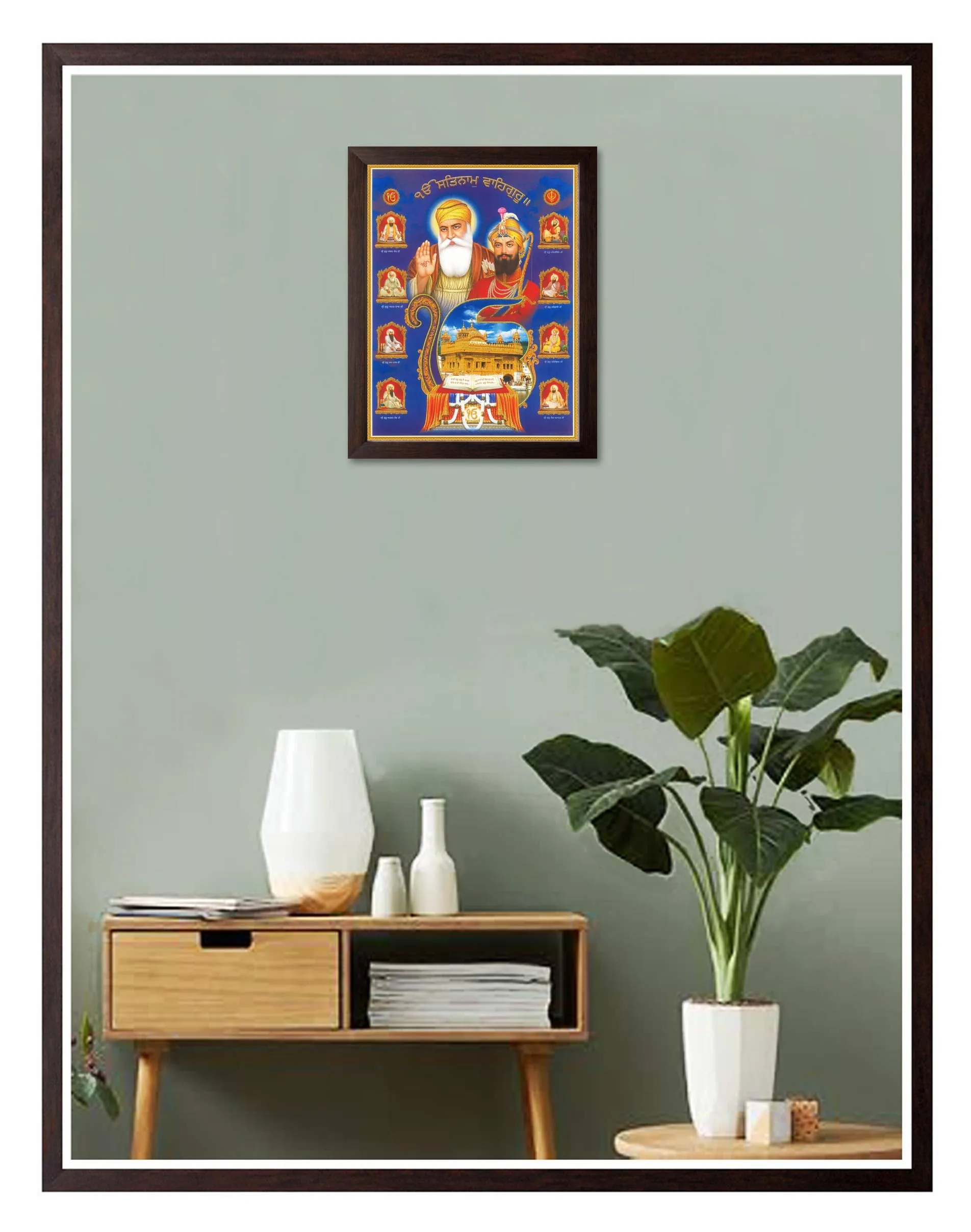 Art n Store All Ten Sikh Gurus and Golden Temple, HD Printed Religious & Wall Decor Picture with Plane Brown Frame (30 X 23.5 X 1.5 cm_ Brown Wood)