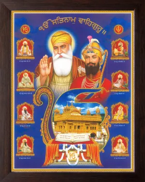 Art n Store All Ten Sikh Gurus and Golden Temple, HD Printed Religious & Wall Decor Picture with Plane Brown Frame (30 X 23.5 X 1.5 cm_ Brown Wood)