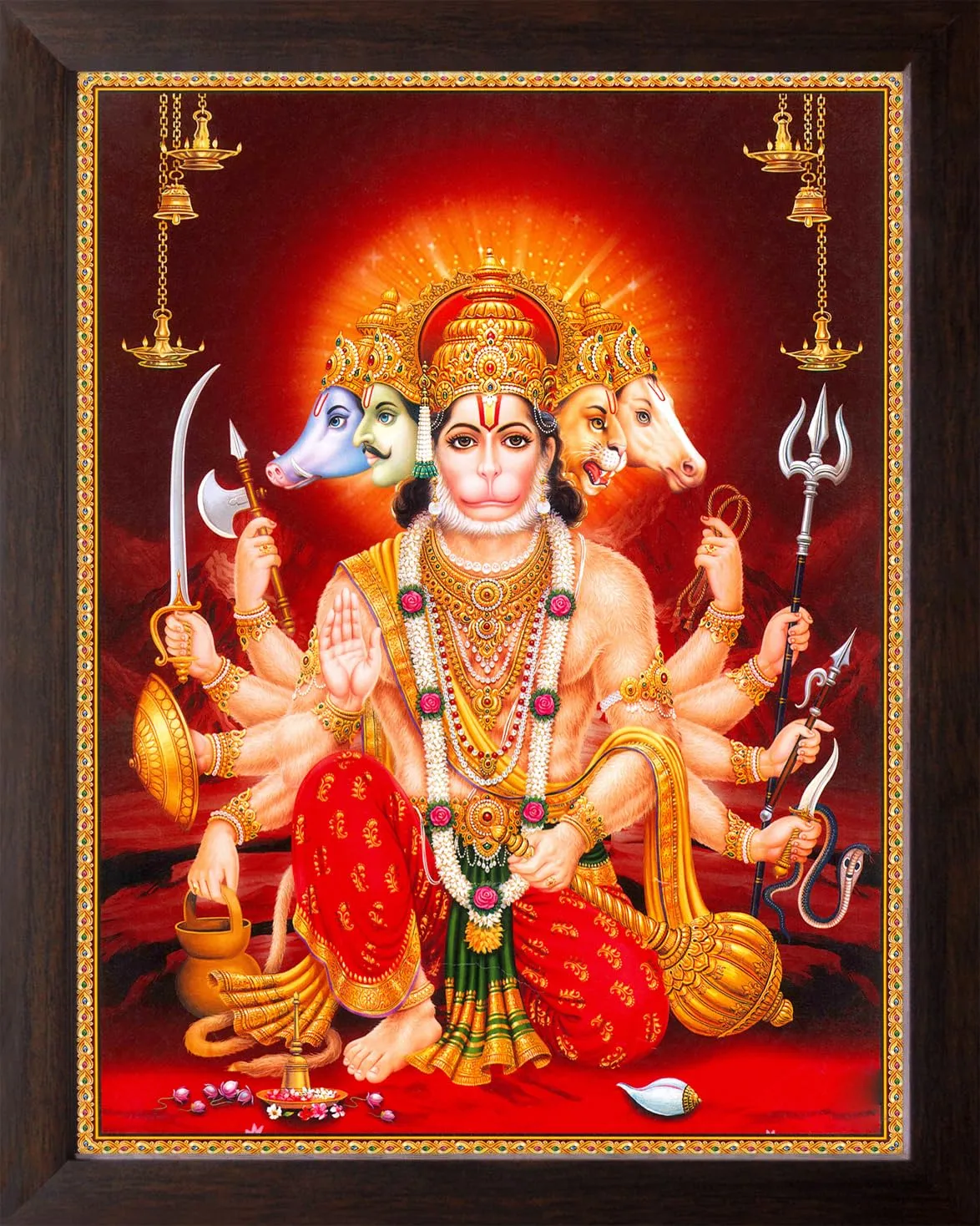 Art n Store: Panchmukhi Lord Hanuman, Bajrangbali, HD Printed Religious & Wall Decor Picture Painting with Plain Wood Frame (30 X 23.5 X 1.5 cm_ Brown Wood)