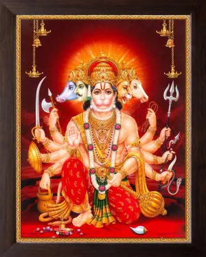 Art n Store: Panchmukhi Lord Hanuman, Bajrangbali, HD Printed Religious & Wall Decor Picture Painting with Plain Wood Frame (30 X 23.5 X 1.5 cm_ Brown Wood)