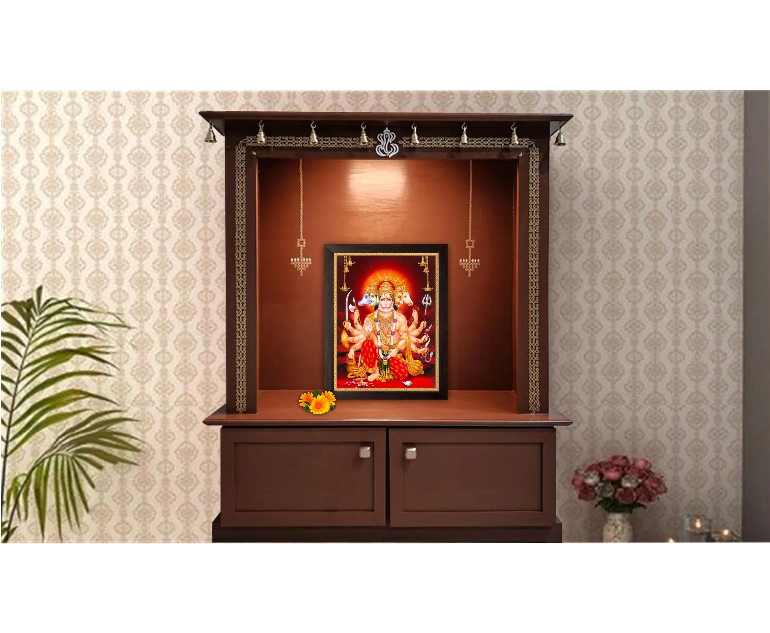 Art n Store: Panchmukhi Lord Hanuman, Bajrangbali, HD Printed Religious & Wall Decor Picture Painting with Plain Wood Frame (30 X 23.5 X 1.5 cm_ Brown Wood)