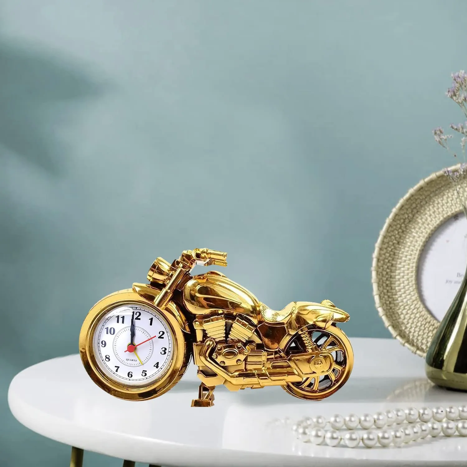 ARTISANS ALLEY Mini Motorcycle Bike Alarm Desk Shelf Clock (Pack of 1, Golden)