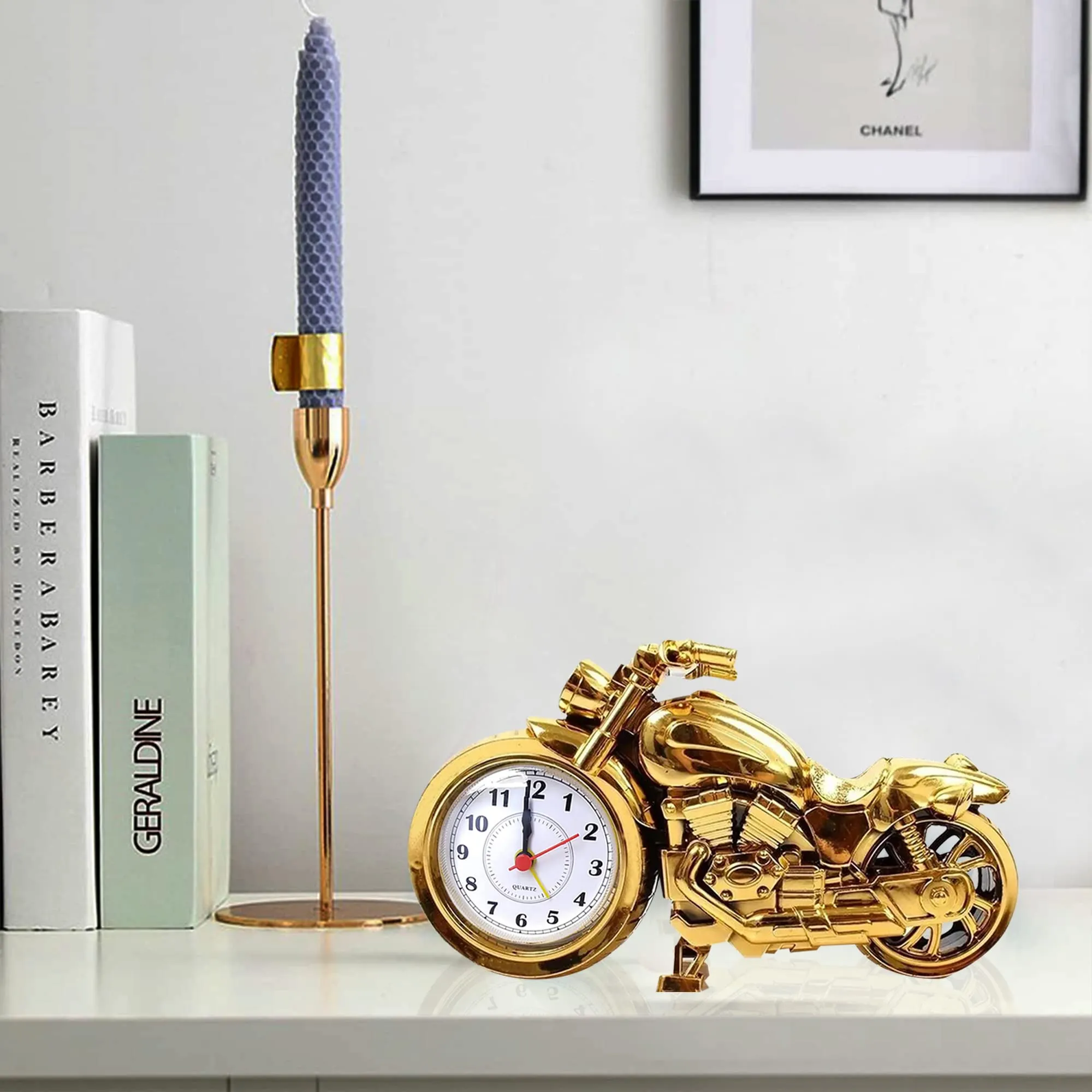 ARTISANS ALLEY Mini Motorcycle Bike Alarm Desk Shelf Clock (Pack of 1, Golden)