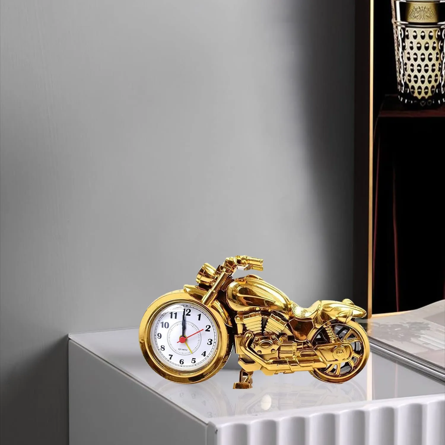 ARTISANS ALLEY Mini Motorcycle Bike Alarm Desk Shelf Clock (Pack of 1, Golden)