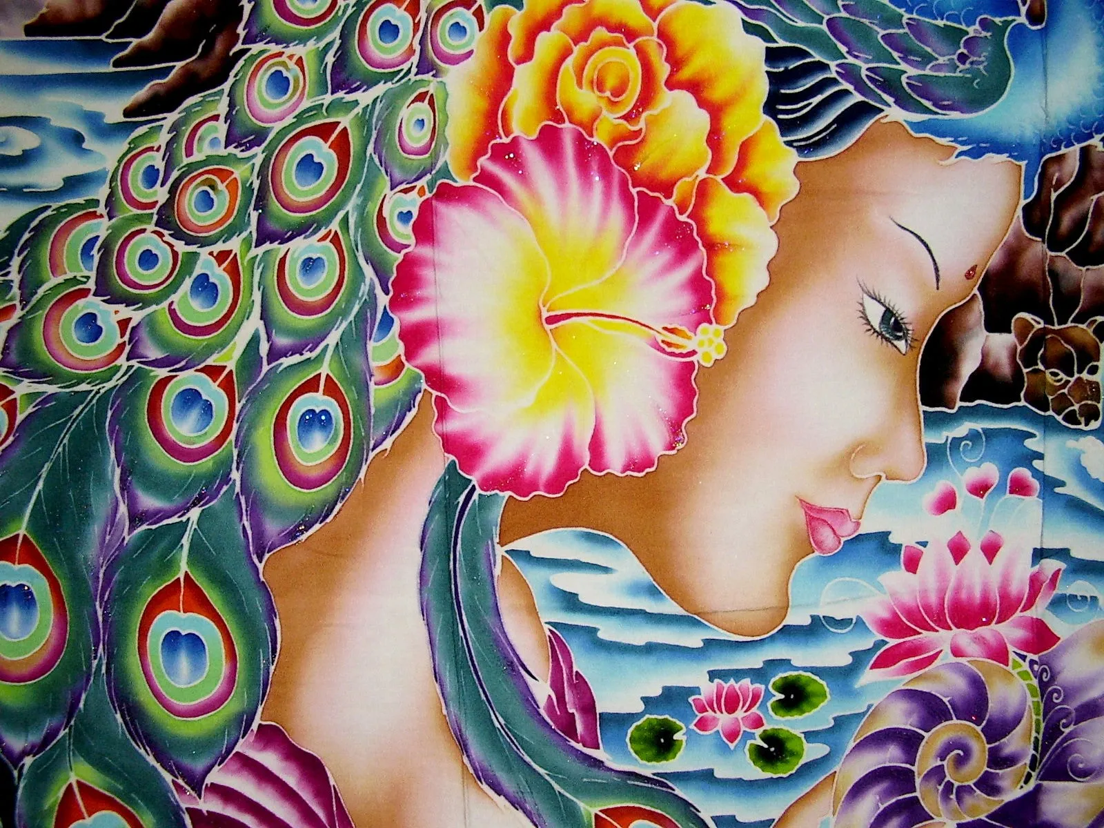 Authentic Batik Textile Art Peacock Goddess 42" x 36" Multi Color