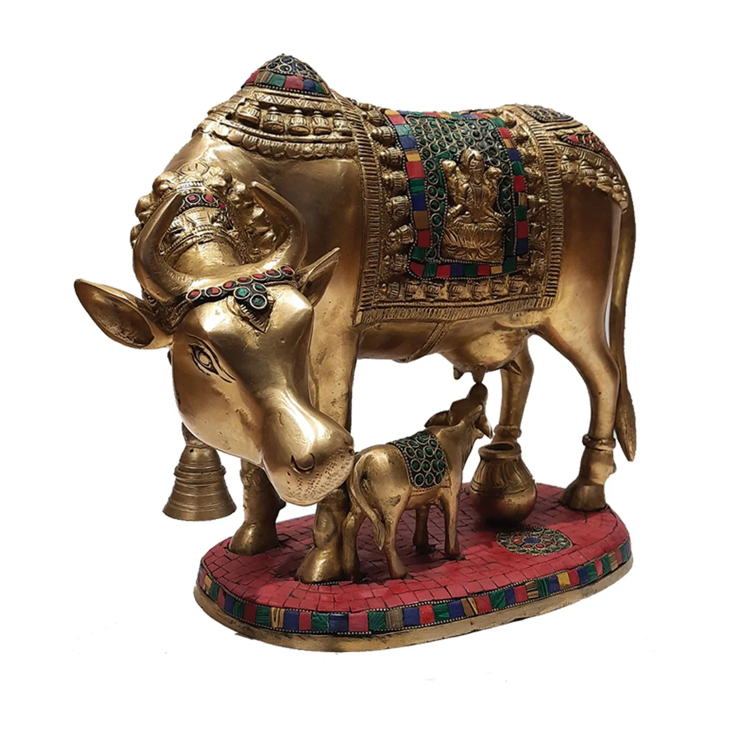 Brass Cow and Calf with Ring Stonework 11 in