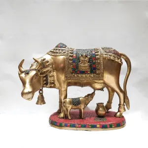 Brass Cow and Calf with Ring Stonework 11 in