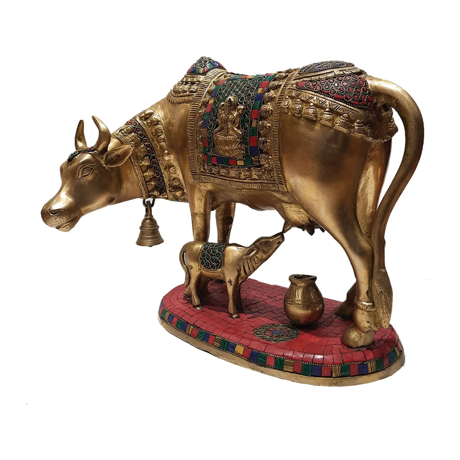 Brass Cow and Calf with Ring Stonework 11 in