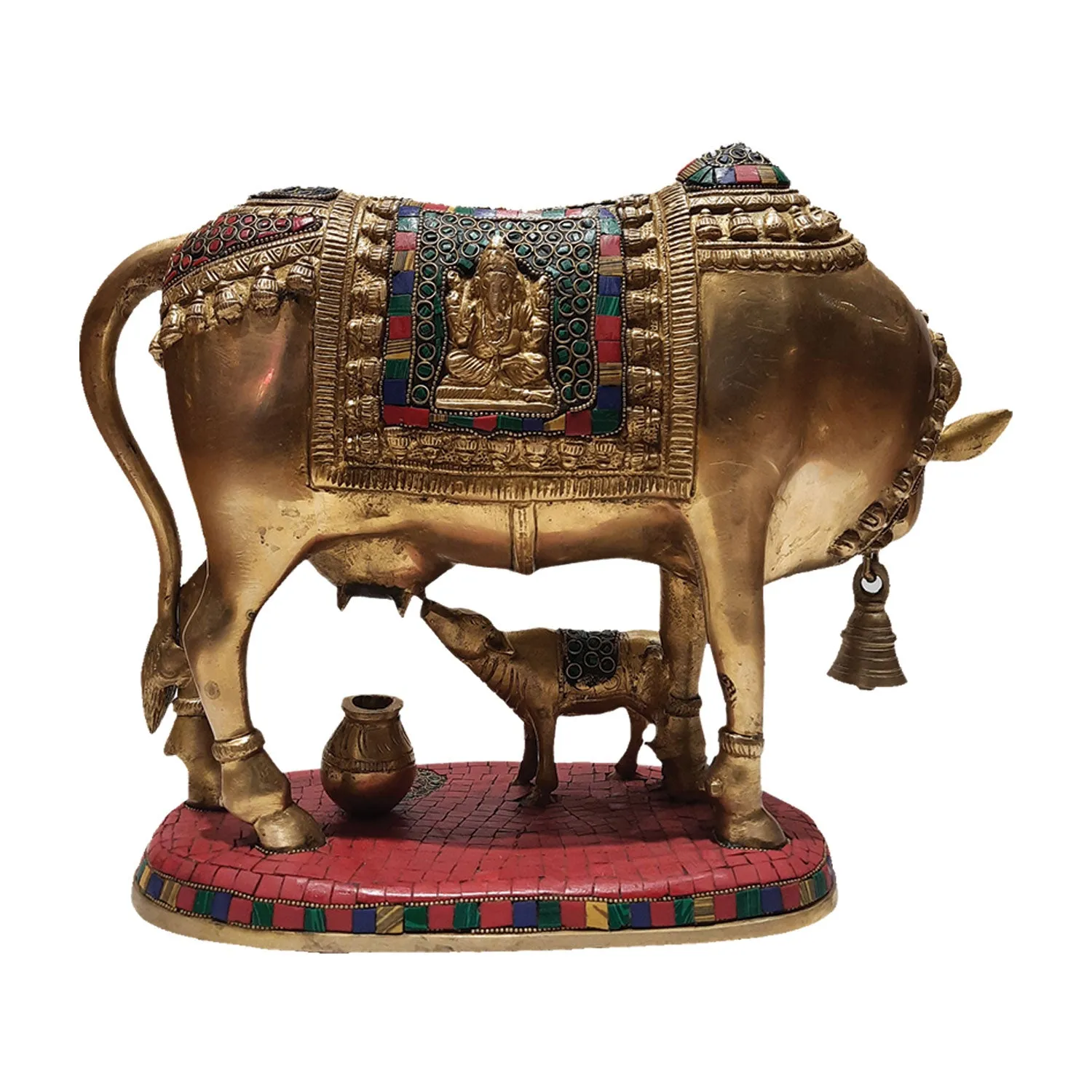 Brass Cow and Calf with Ring Stonework 11 in