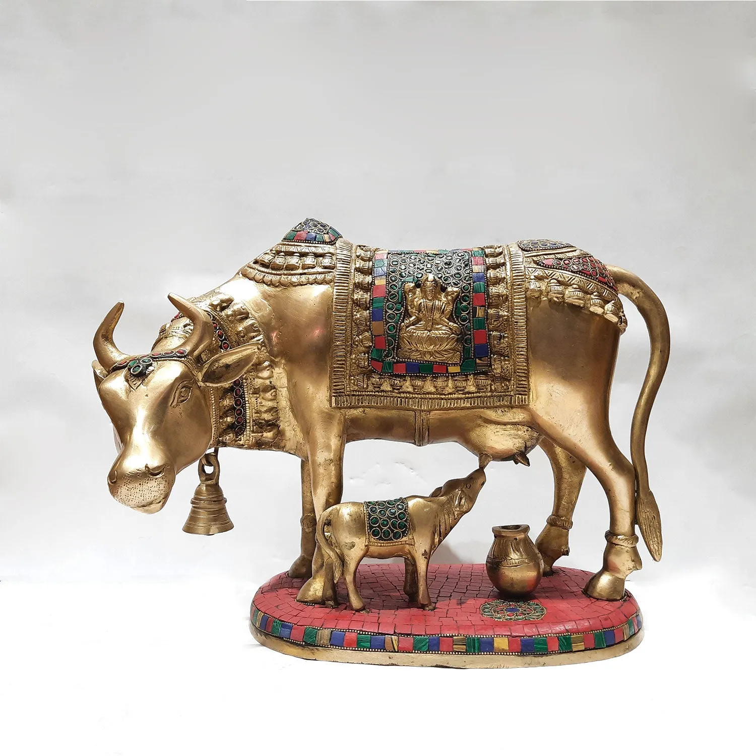 Brass Cow and Calf with Ring Stonework 11 in