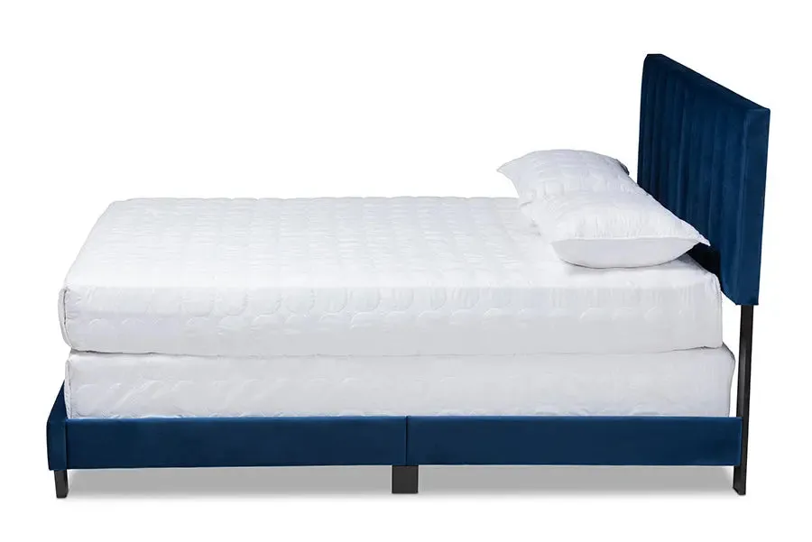 Claudia Navy Blue Velvet Fabric Panel Bed w/Channel Tufted Headboard (Queen)