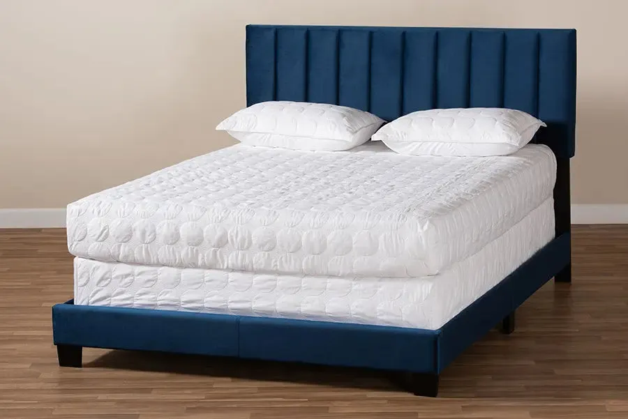 Claudia Navy Blue Velvet Fabric Panel Bed w/Channel Tufted Headboard (Queen)