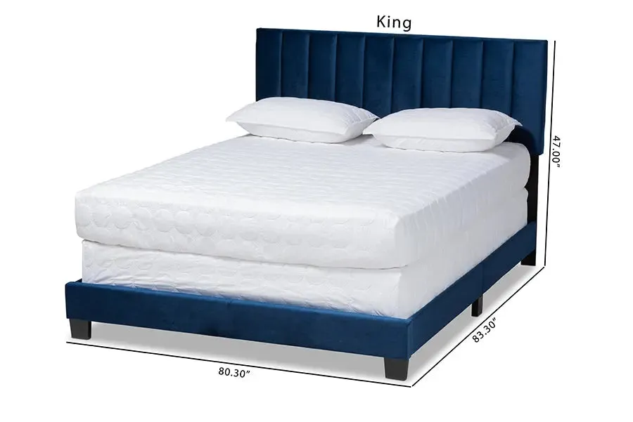 Claudia Navy Blue Velvet Fabric Panel Bed w/Channel Tufted Headboard (Queen)