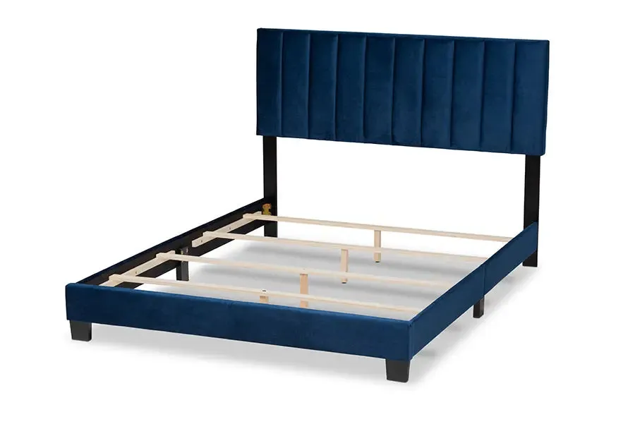 Claudia Navy Blue Velvet Fabric Panel Bed w/Channel Tufted Headboard (Queen)