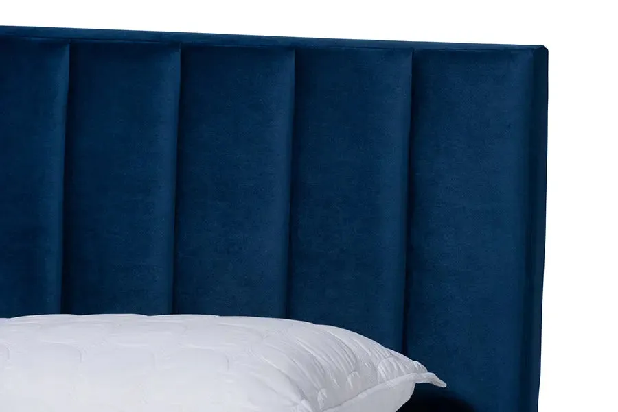 Claudia Navy Blue Velvet Fabric Panel Bed w/Channel Tufted Headboard (Queen)