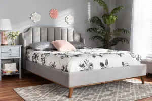 Colette Light Gray Velvet Fabric Walnut Brown Wingback Platform Bed  (Queen)
