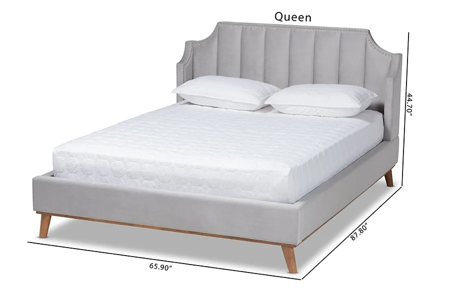 Colette Light Gray Velvet Fabric Walnut Brown Wingback Platform Bed  (Queen)