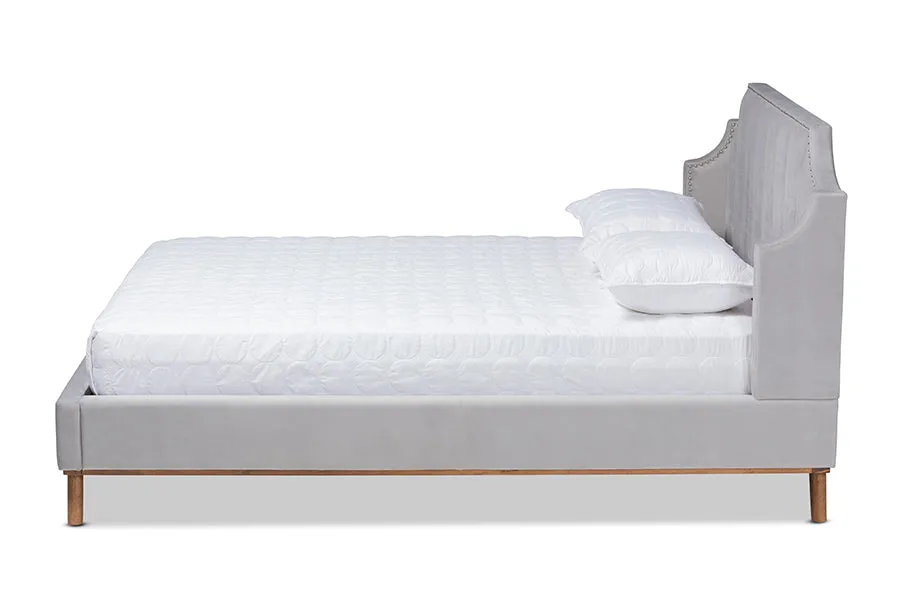 Colette Light Gray Velvet Fabric Walnut Brown Wingback Platform Bed  (Queen)