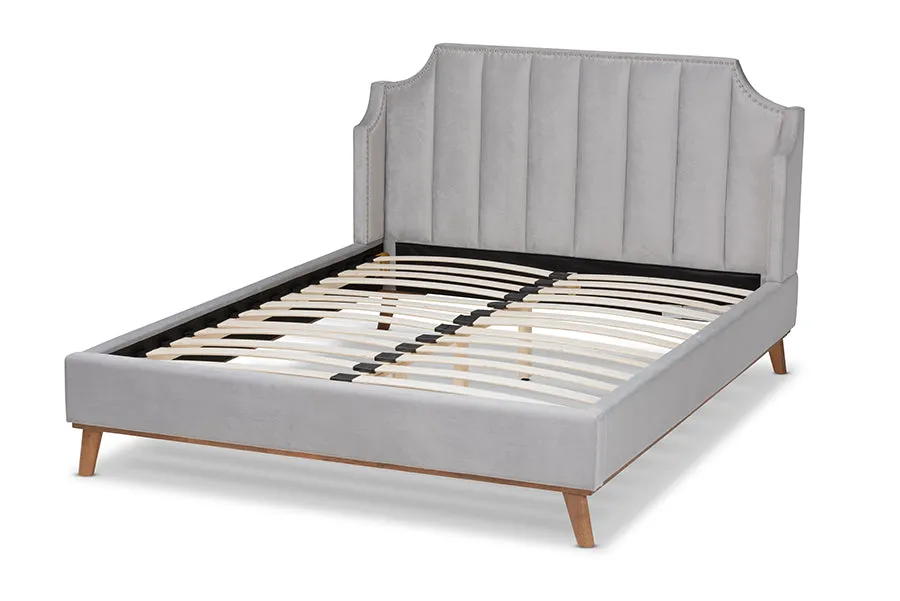 Colette Light Gray Velvet Fabric Walnut Brown Wingback Platform Bed  (Queen)