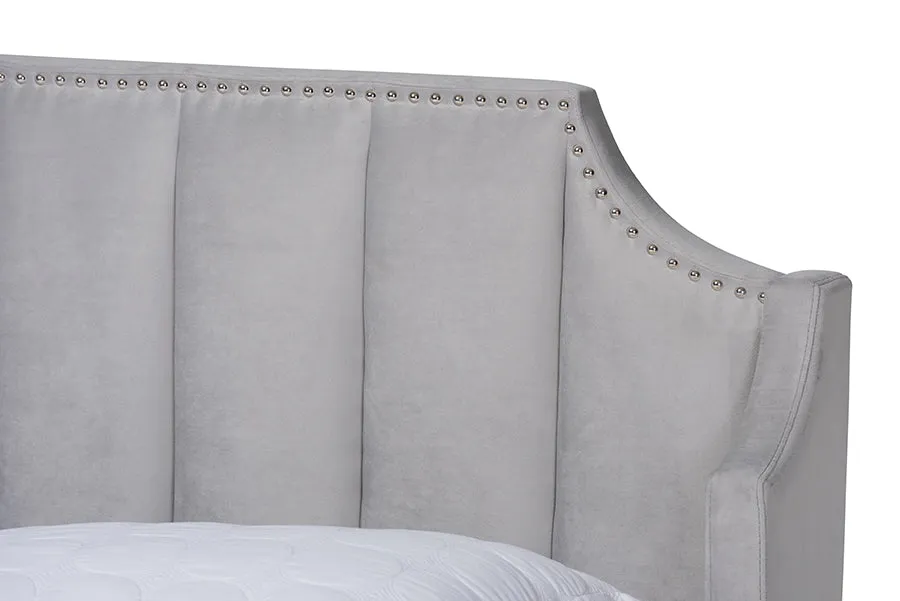 Colette Light Gray Velvet Fabric Walnut Brown Wingback Platform Bed  (Queen)