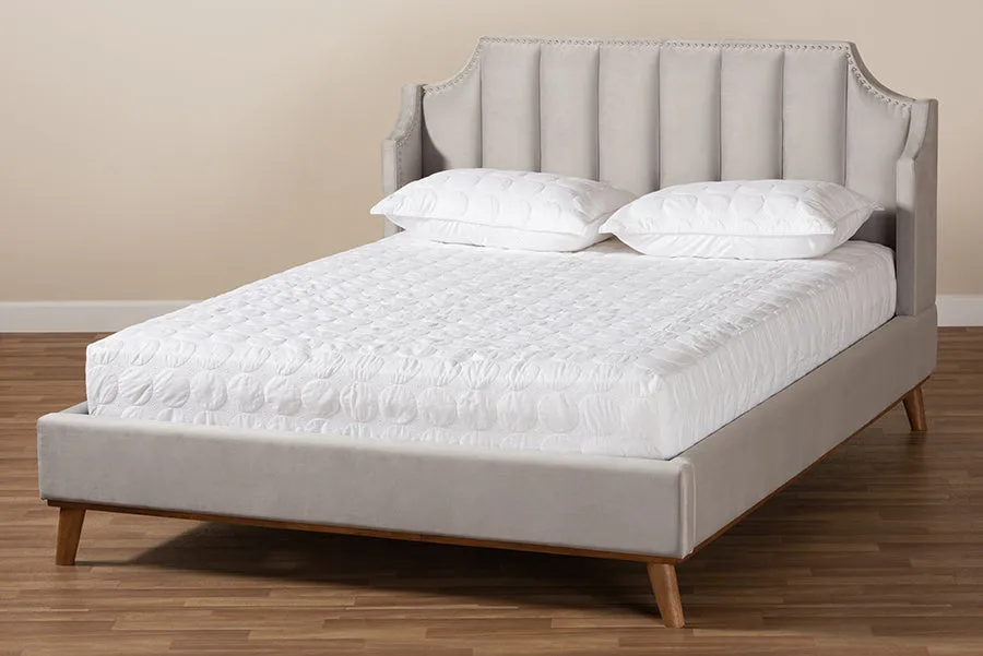 Colette Light Gray Velvet Fabric Walnut Brown Wingback Platform Bed  (Queen)
