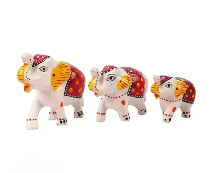 DIZDEALS Paper Mache Handcrafted Set of 3 Elephant Action Showpiece Idols for Home Decor and Gift Purpose(White)