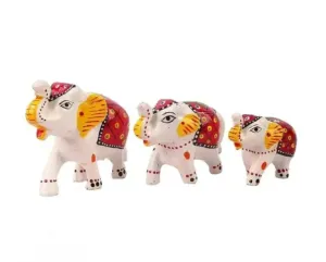 DIZDEALS Paper Mache Handcrafted Set of 3 Elephant Action Showpiece Idols for Home Decor and Gift Purpose(White)