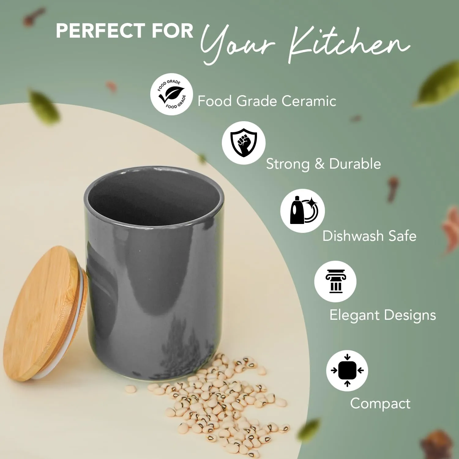 Ekhasa Ceramic Jar with Bamboo Lid for Multipurpose Kitchen Storage (800ml) (Grey) | Airtight Container Storage Jar for Kitchen | Tea, Coffee, Sugar, Snacks, Salt Container | Pickle Storage Barni
