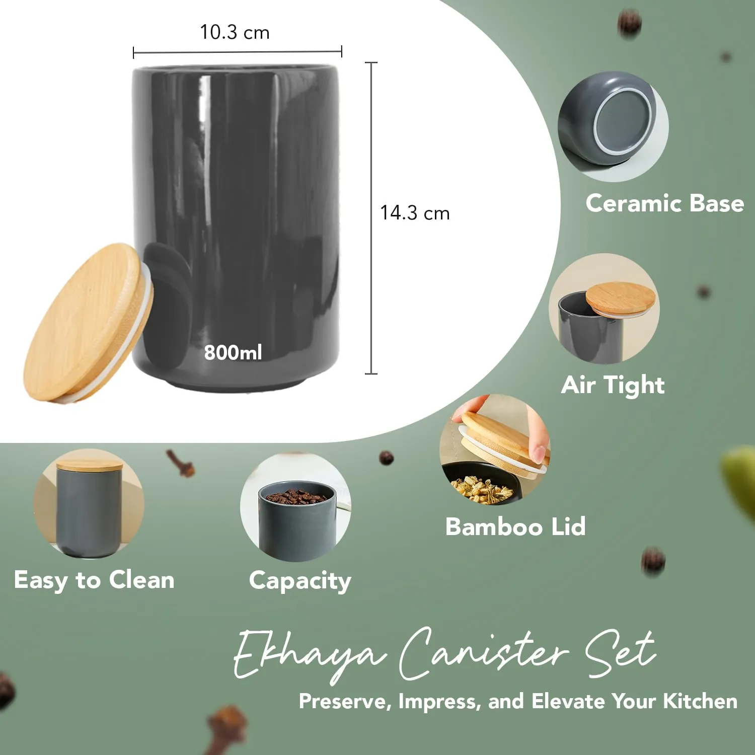 Ekhasa Ceramic Jar with Bamboo Lid for Multipurpose Kitchen Storage (800ml) (Grey) | Airtight Container Storage Jar for Kitchen | Tea, Coffee, Sugar, Snacks, Salt Container | Pickle Storage Barni